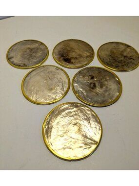 Vtg. Set Of 6 Capiz Shell & Mother Of Pearl Coasters Cork Backing 3" Boho MCM